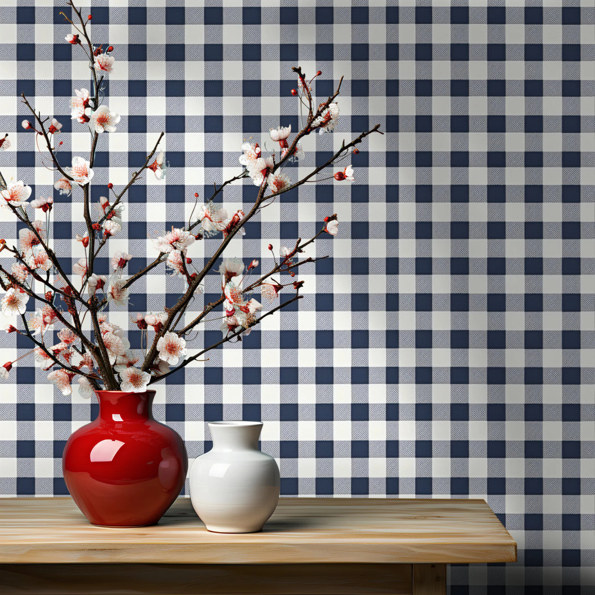 Dark Blue Vintage Gingham Wallpaper - Image 3