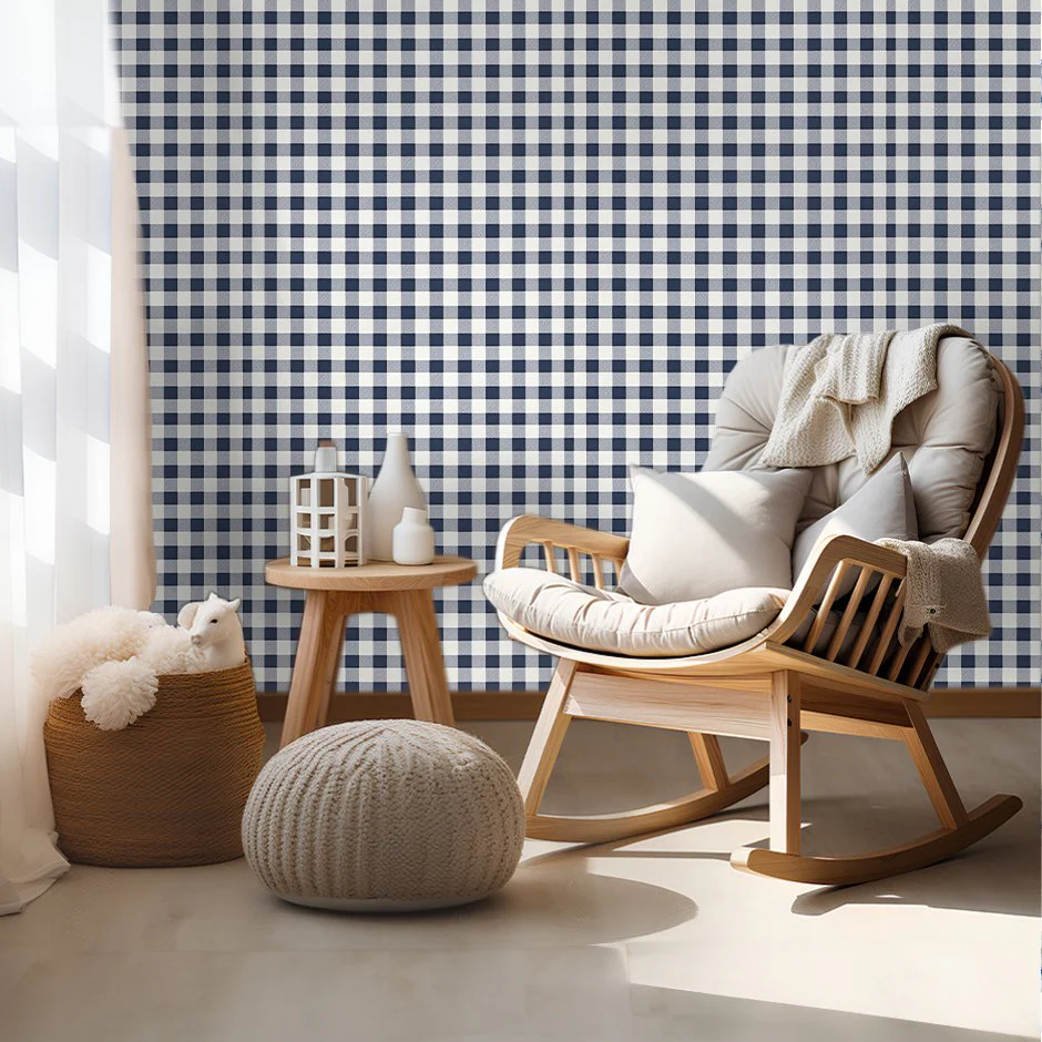Dark Blue Vintage Gingham Wallpaper - Image 4